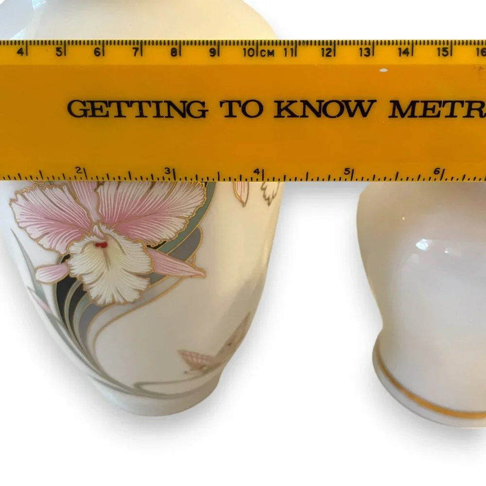 Fine China Vintage Orchid and Butterfly Vase and Ginger Jar Set
